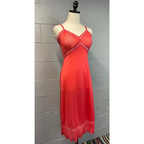 Vintage 50s Vanity Fair Slip Dress Coral Accordion Pleats Semi Sheer Nylon Lace - Picture 10 of 10